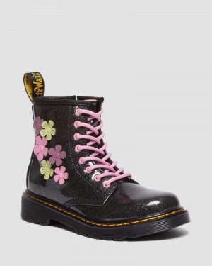 Botas Dr Martens Junior 1460 Glitter & Flower Applique Encaje Up Boots (Coated Glitter Pu+Athena) Black+Multi | QX43-D9JU