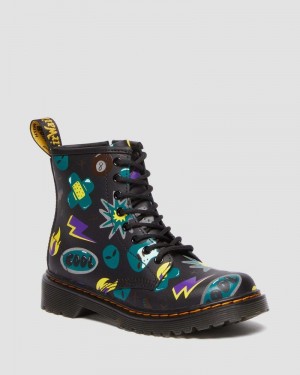 Botas Dr Martens Junior 1460 Sticker Print Cuero Encaje Up Boots (Sticker Print Hydro) Negras | JM75-B8LM