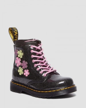 Botas Dr Martens Toddler 1460 Glitter & Flower Applique Encaje Up Boots (Coated Glitter Pu+Athena) Black+Multi | UB86-Y0PD