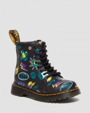 Botas Dr Martens Toddler 1460 Sticker Print Cuero Encaje Up Boots (Sticker Print Hydro) Negras | QN69-E1ZU