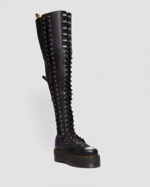 Botas de Plataforma Dr Martens 28-Eye Extreme Max Virginia Cuero Knee High Boots (Virginia) Negras | GV66-X6YO