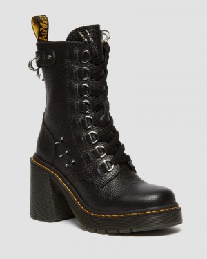 Botas de Plataforma Dr Martens Chesney Piercing Cuero Flared Heel Encaje Up Boots (Milled Nappa) Negras | JG28-M4PO