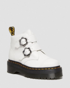 Botas de Plataforma Dr Martens Devon Flower Hebilla Cuero Plataforma Boots (Milled Nappa) Blancas | IU40-J8SZ