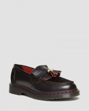 Zapatos Dr Martens Adrian Year of the Dragon Hair-On Tassel Loafers (Smooth Slice+Hair On) Negras Rojas Negras | MK48-W8NC