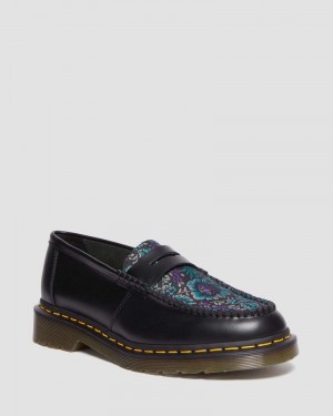 Zapatos Dr Martens Penton Floral Jacquard Loafers Negras | KY20-G9TC