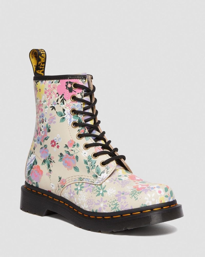 Botas Dr Martens 1460 Floral Mash Up Cuero Encaje Up Boots (Backhand) Beige | TV15-C0ML