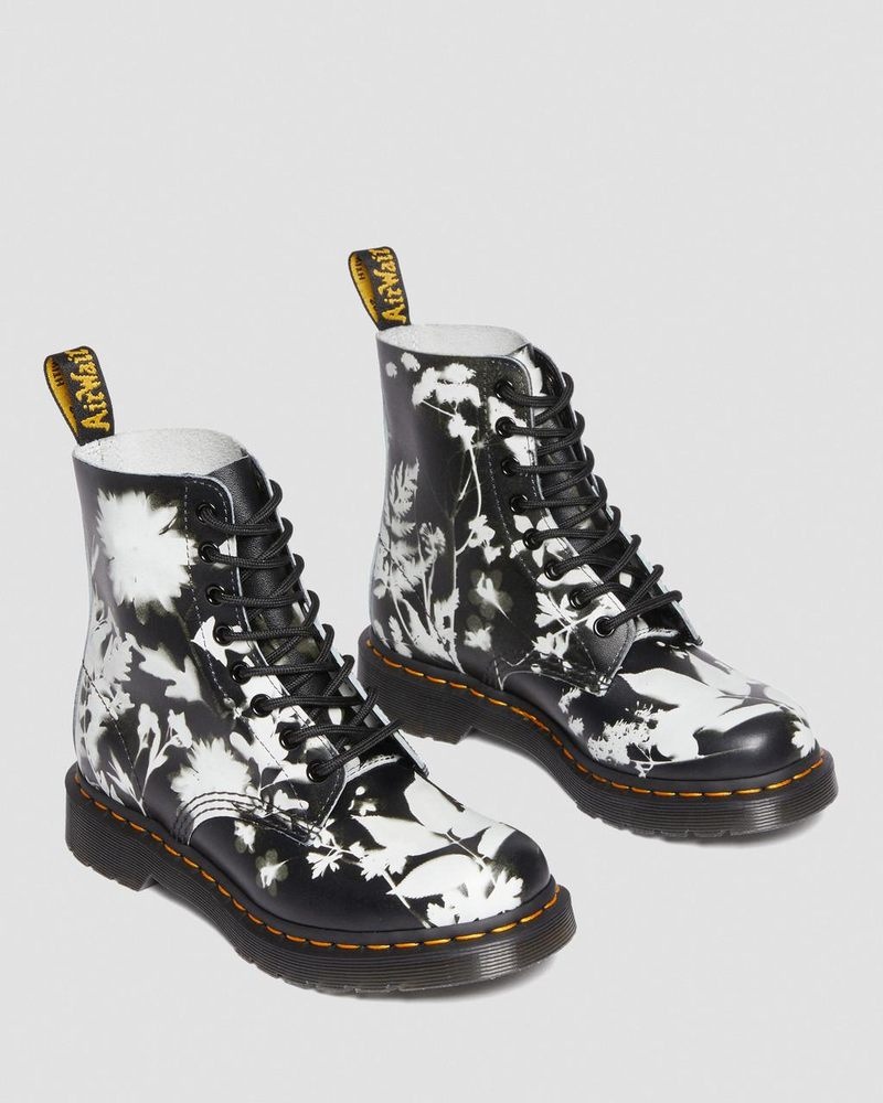 Botas Dr Martens 1460 Pascal Floral Shadow Cuero Encaje Up Boots (Backhand) Negras Blancas | NA34-N9BI