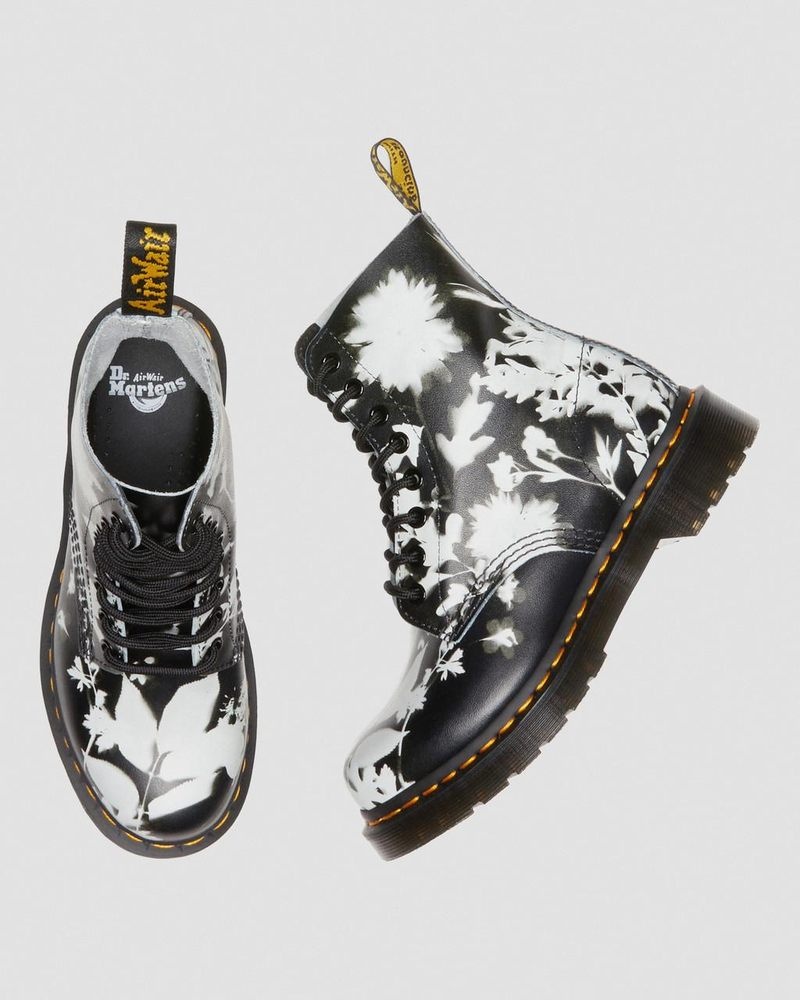 Botas Dr Martens 1460 Pascal Floral Shadow Cuero Encaje Up Boots (Backhand) Negras Blancas | NA34-N9BI