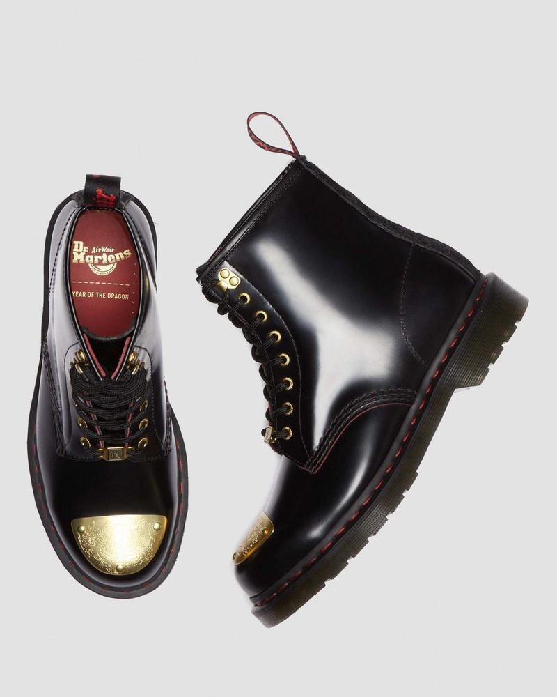 Botas Dr Martens 1460 Year of the Dragon Cuero Encaje Up Boots (Smooth Slice+Hair On) Black/Red/Black | OQ20-B5FD