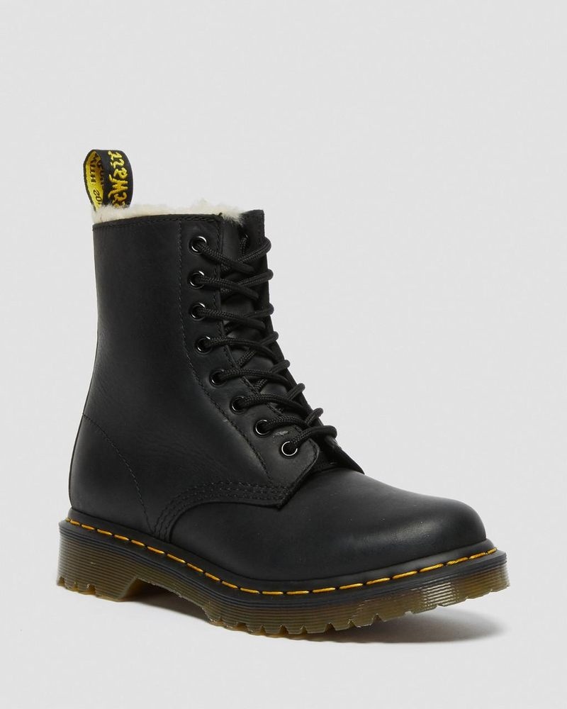 Botas Dr Martens 1460 - Faux Fur Forro Encaje Up Boots (Burnished Wyoming) Negras | EB76-F4DX