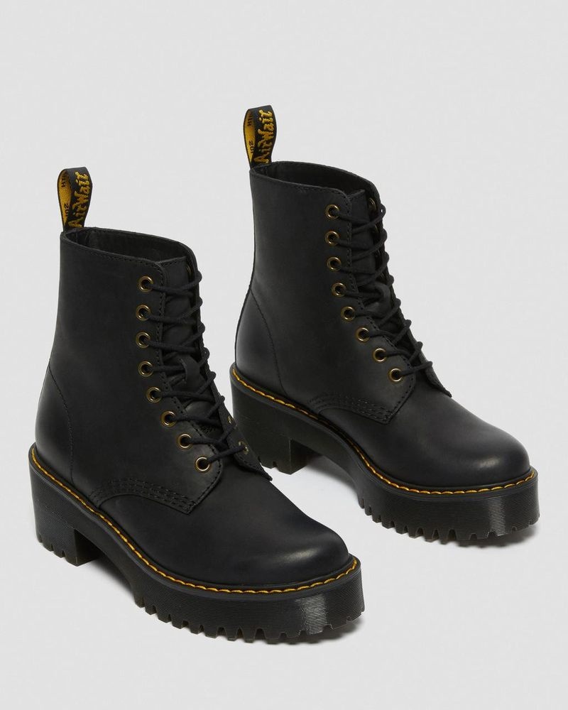 Botas Dr Martens Shriver Hi - Wyoming Cuero Tacón Boots (Burnished Wyoming) Negras | VQ69-E6VO