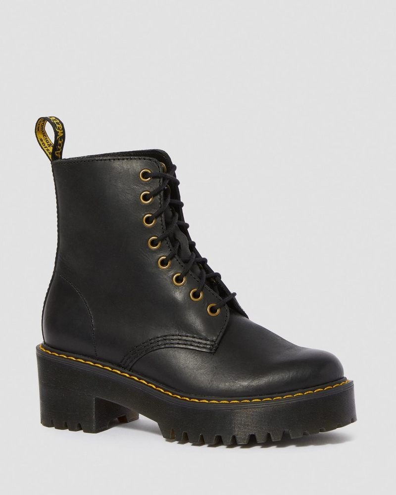 Botas Dr Martens Shriver Hi - Wyoming Cuero Tacón Boots (Burnished Wyoming) Negras | VQ69-E6VO