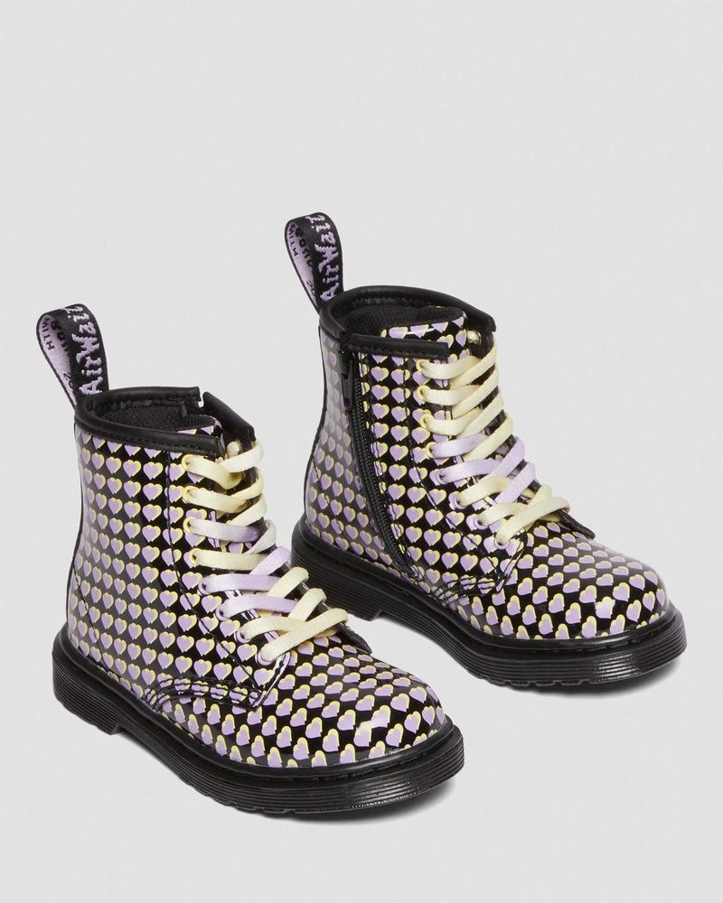 Botas Dr Martens Toddler 1460 Charol Heart Printed Encaje Up Boots (Charol Cuero) Negras | YP73-A3YP