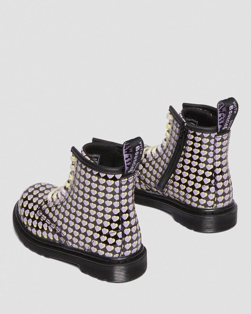 Botas Dr Martens Toddler 1460 Charol Heart Printed Encaje Up Boots (Charol Cuero) Negras | YP73-A3YP