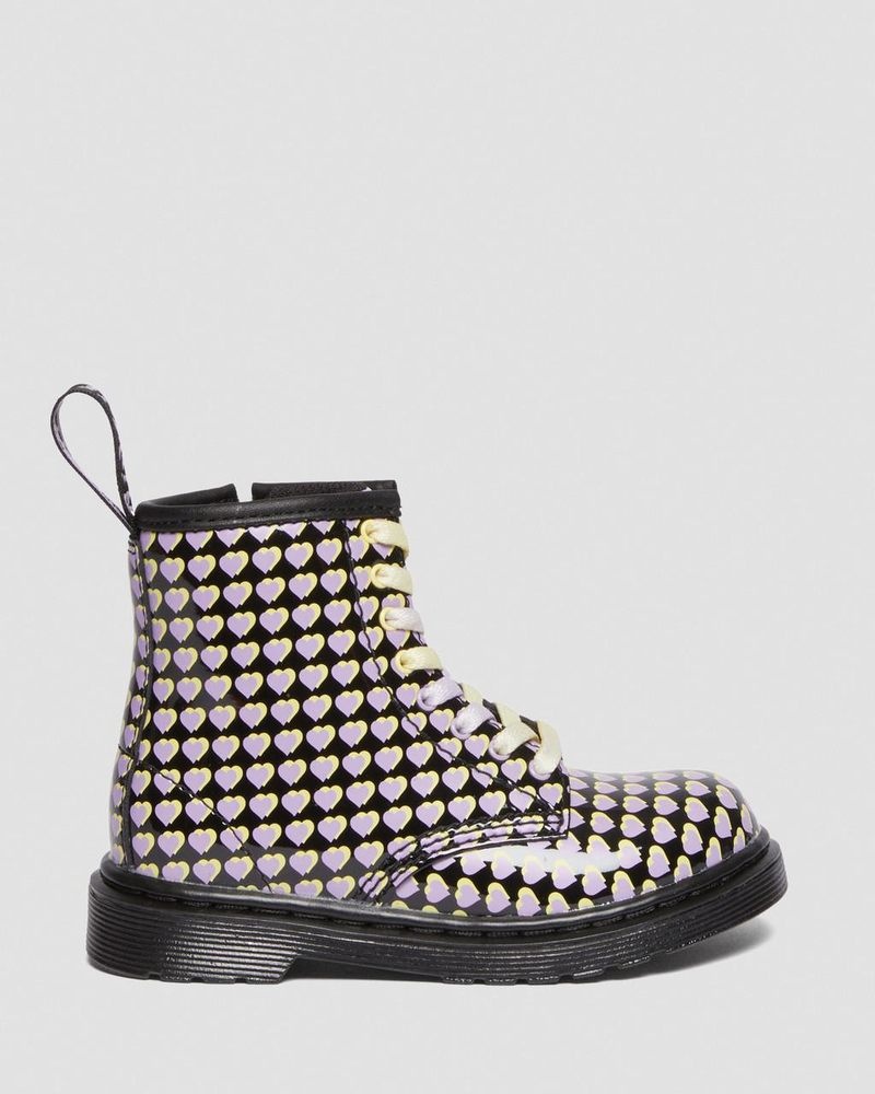 Botas Dr Martens Toddler 1460 Charol Heart Printed Encaje Up Boots (Charol Cuero) Negras | YP73-A3YP