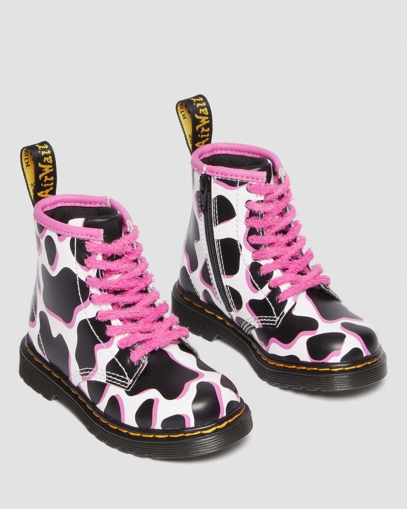 Botas Dr Martens Toddler 1460 Cow Print Charol Cuero Encaje Up Boots (Cow Print Charol Lamper) Blancas | GA81-L7EC