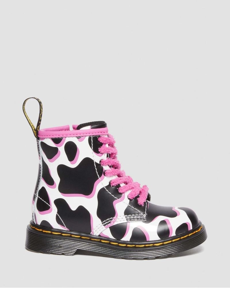 Botas Dr Martens Toddler 1460 Cow Print Charol Cuero Encaje Up Boots (Cow Print Charol Lamper) Blancas | GA81-L7EC