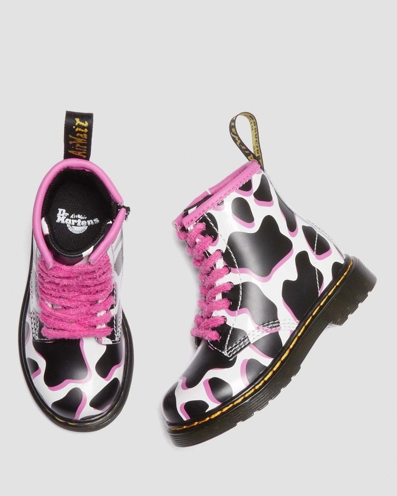 Botas Dr Martens Toddler 1460 Cow Print Charol Cuero Encaje Up Boots (Cow Print Charol Lamper) Blancas | GA81-L7EC