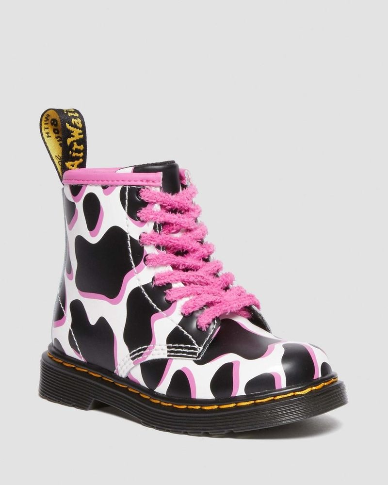 Botas Dr Martens Toddler 1460 Cow Print Charol Cuero Encaje Up Boots (Cow Print Charol Lamper) Blancas | GA81-L7EC