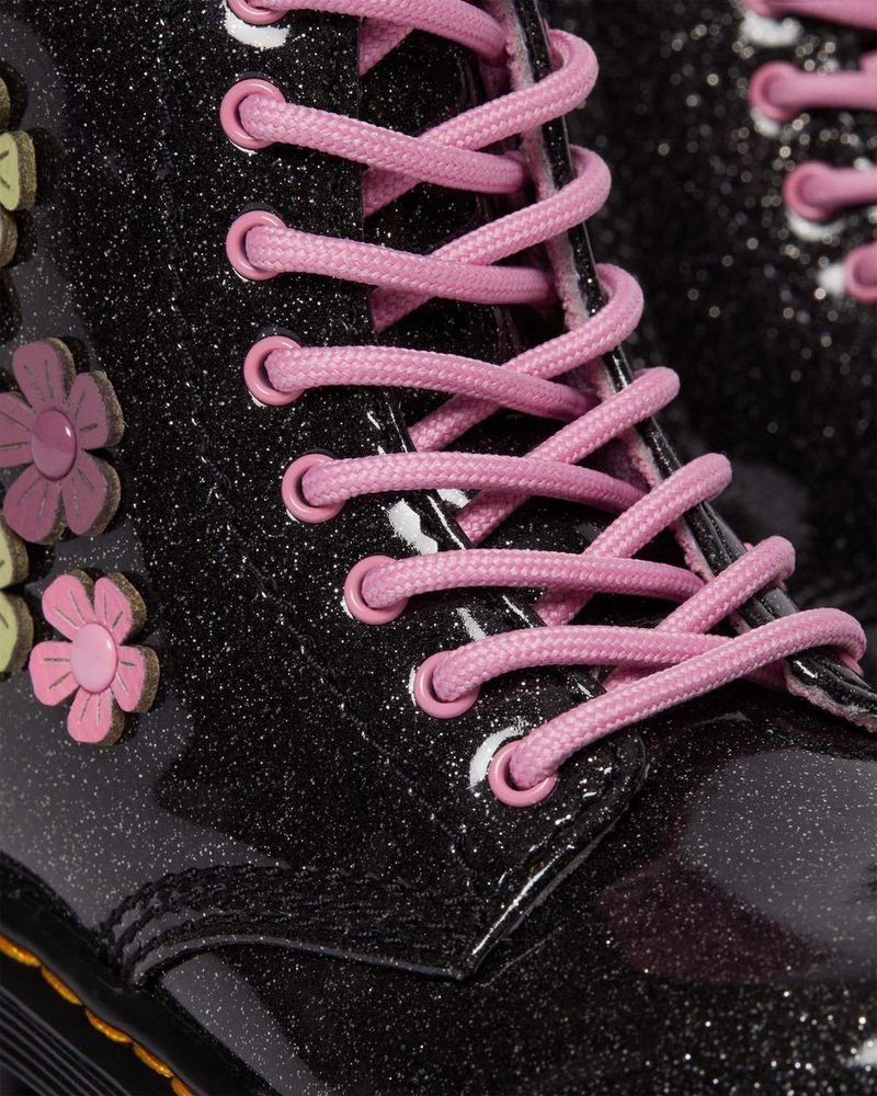 Botas Dr Martens Toddler 1460 Glitter & Flower Applique Encaje Up Boots (Coated Glitter Pu+Athena) Black+Multi | UB86-Y0PD