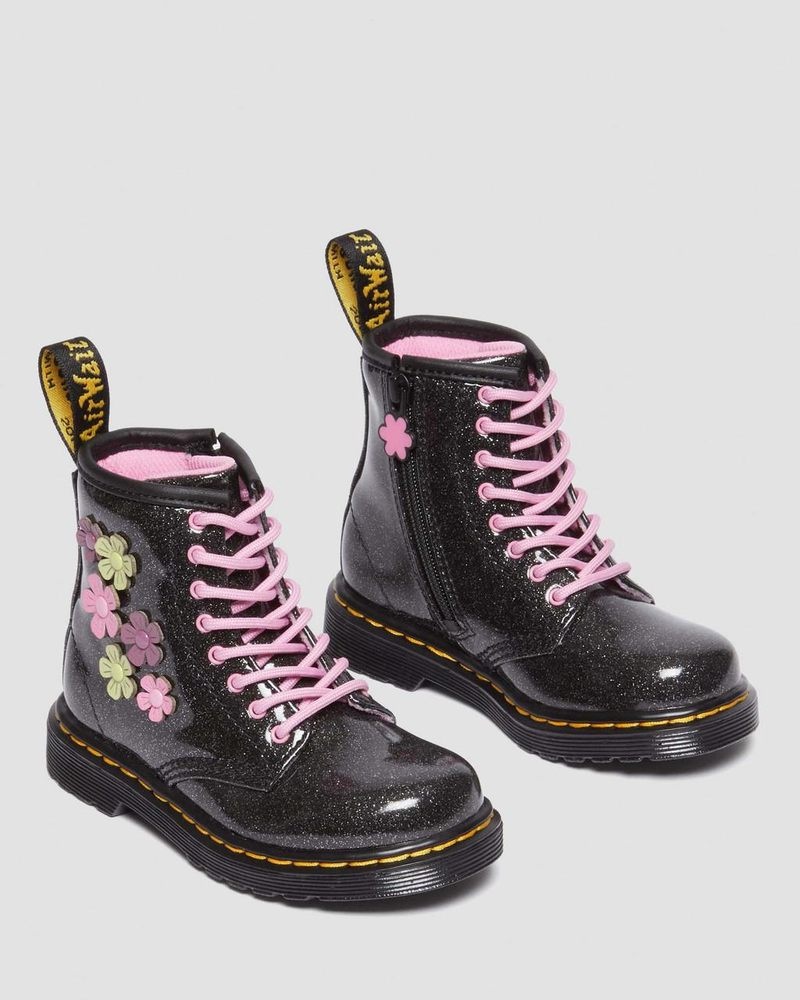 Botas Dr Martens Toddler 1460 Glitter & Flower Applique Encaje Up Boots (Coated Glitter Pu+Athena) Black+Multi | UB86-Y0PD