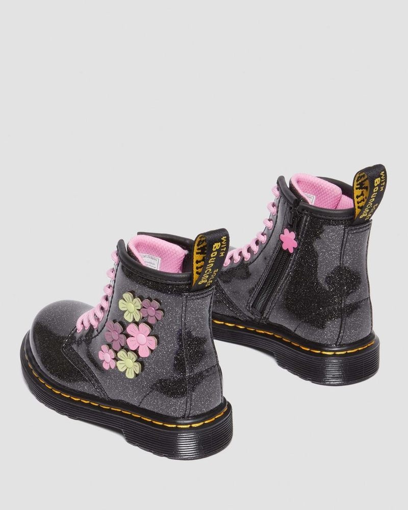 Botas Dr Martens Toddler 1460 Glitter & Flower Applique Encaje Up Boots (Coated Glitter Pu+Athena) Black+Multi | UB86-Y0PD