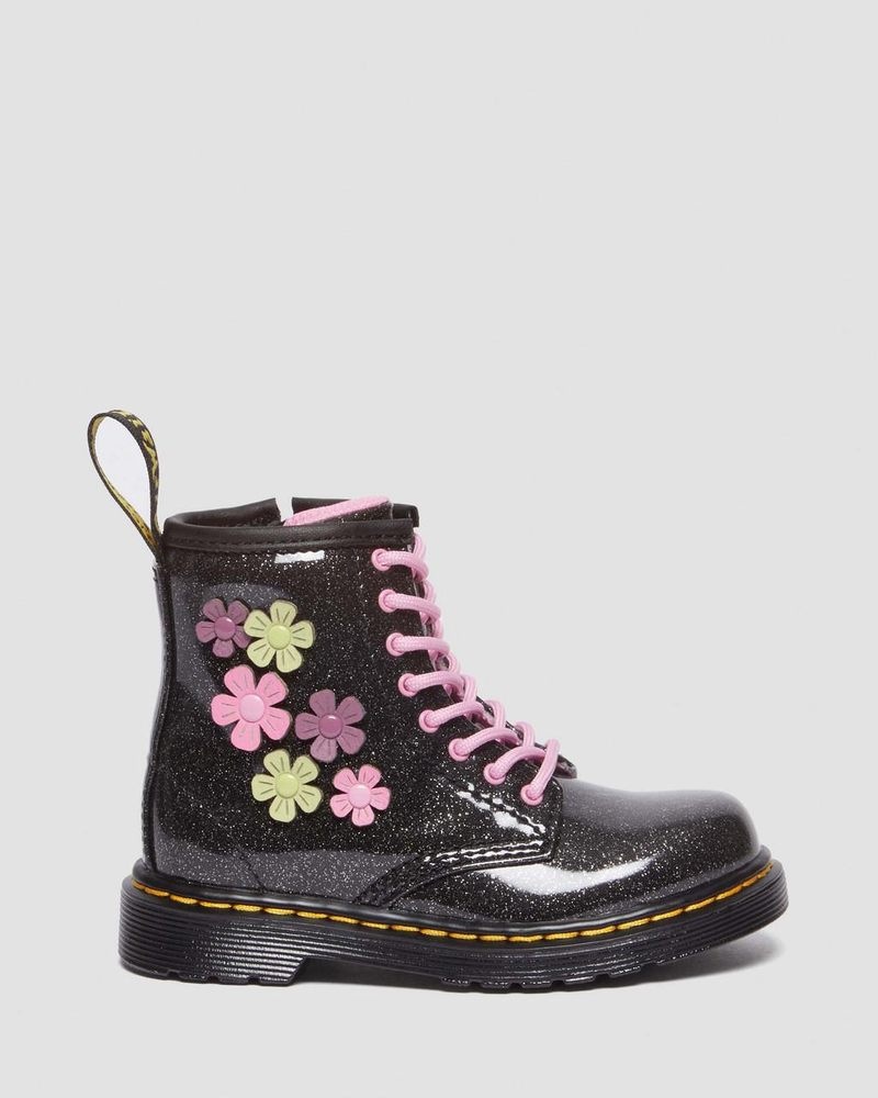 Botas Dr Martens Toddler 1460 Glitter & Flower Applique Encaje Up Boots (Coated Glitter Pu+Athena) Black+Multi | UB86-Y0PD