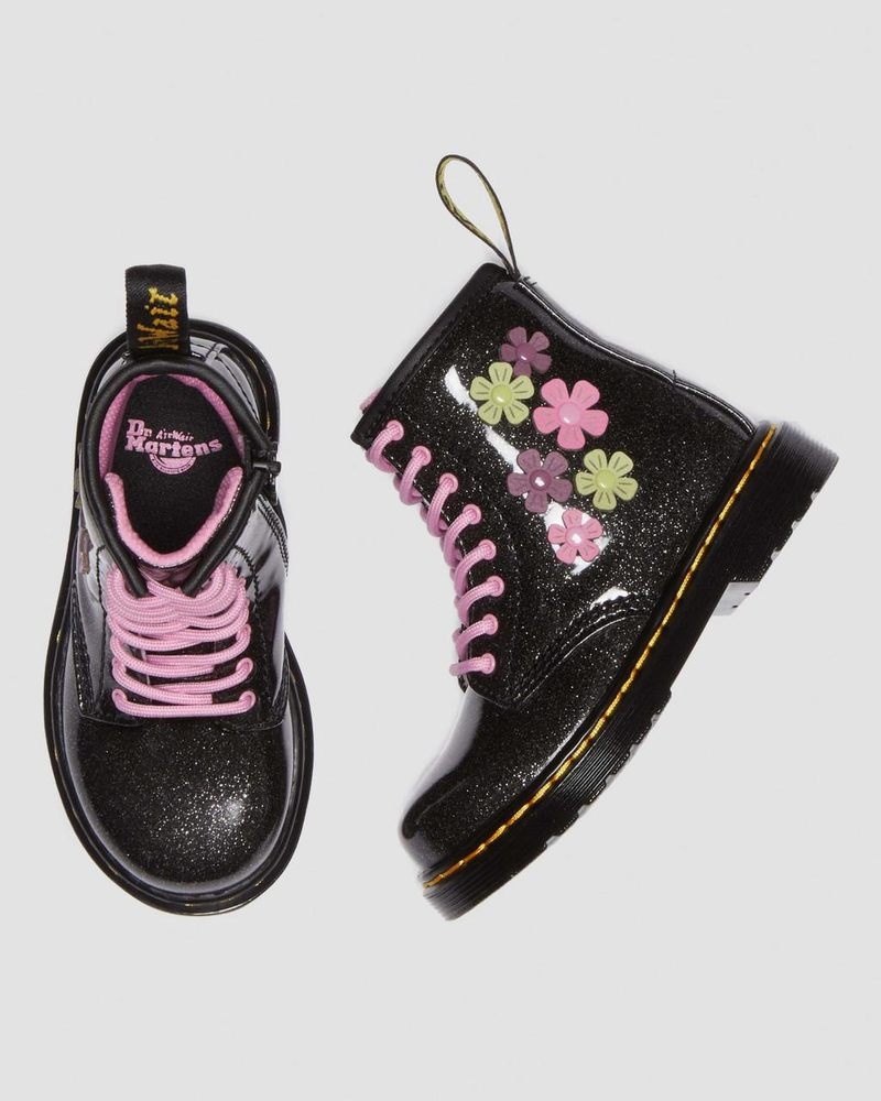 Botas Dr Martens Toddler 1460 Glitter & Flower Applique Encaje Up Boots (Coated Glitter Pu+Athena) Black+Multi | UB86-Y0PD