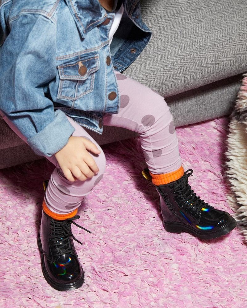 Botas Dr Martens Toddler 1460 Rainbow Charol Cuero Encaje Up Boots (Rainbow Charol) Negras | EW50-M0DX