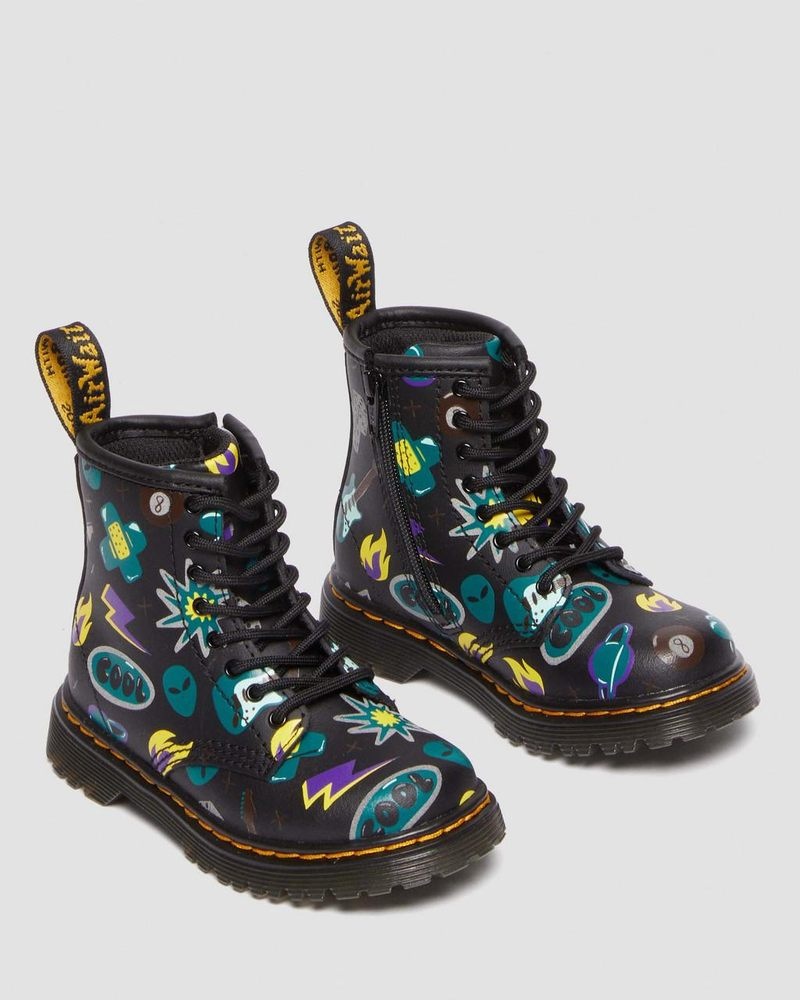 Botas Dr Martens Toddler 1460 Sticker Print Cuero Encaje Up Boots (Sticker Print Hydro) Negras | QN69-E1ZU