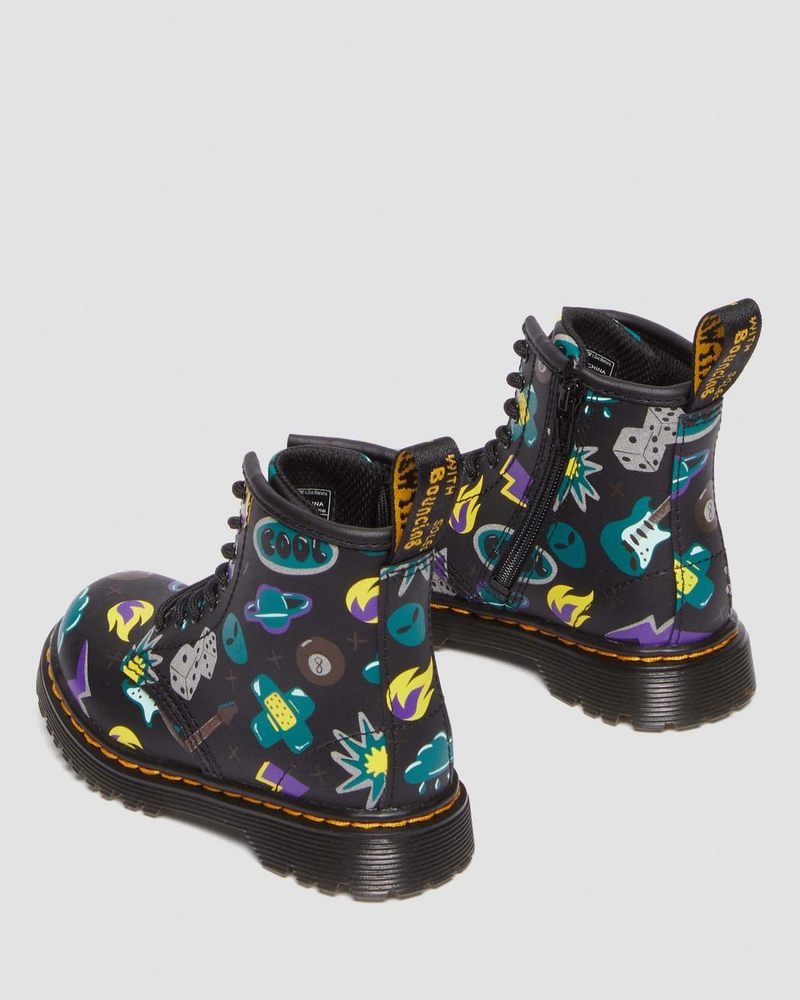 Botas Dr Martens Toddler 1460 Sticker Print Cuero Encaje Up Boots (Sticker Print Hydro) Negras | QN69-E1ZU