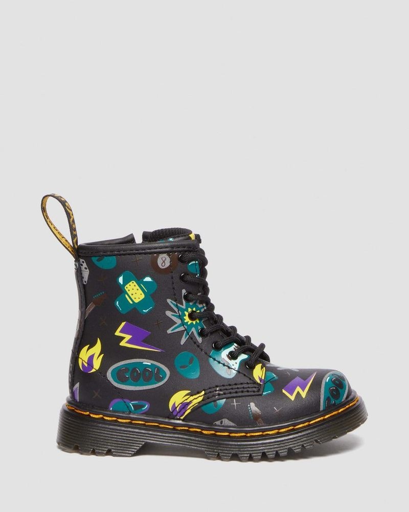 Botas Dr Martens Toddler 1460 Sticker Print Cuero Encaje Up Boots (Sticker Print Hydro) Negras | QN69-E1ZU