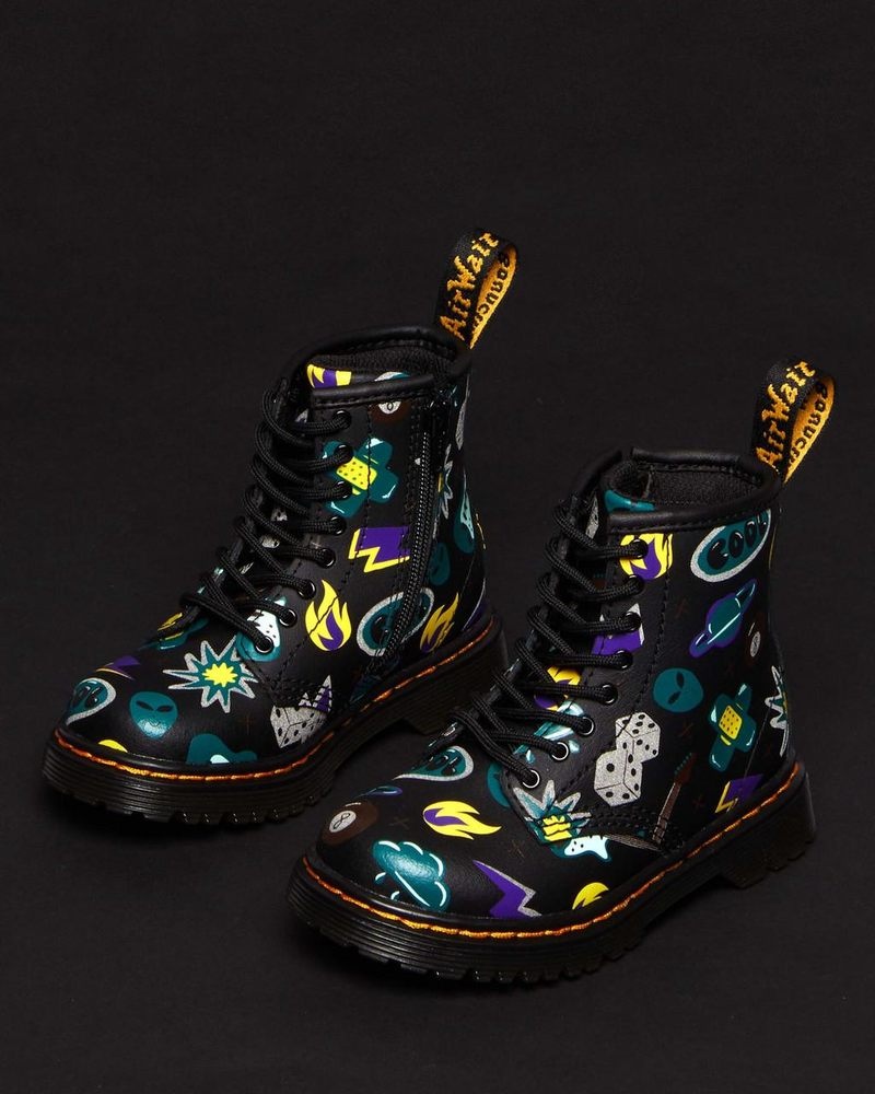 Botas Dr Martens Toddler 1460 Sticker Print Cuero Encaje Up Boots (Sticker Print Hydro) Negras | QN69-E1ZU