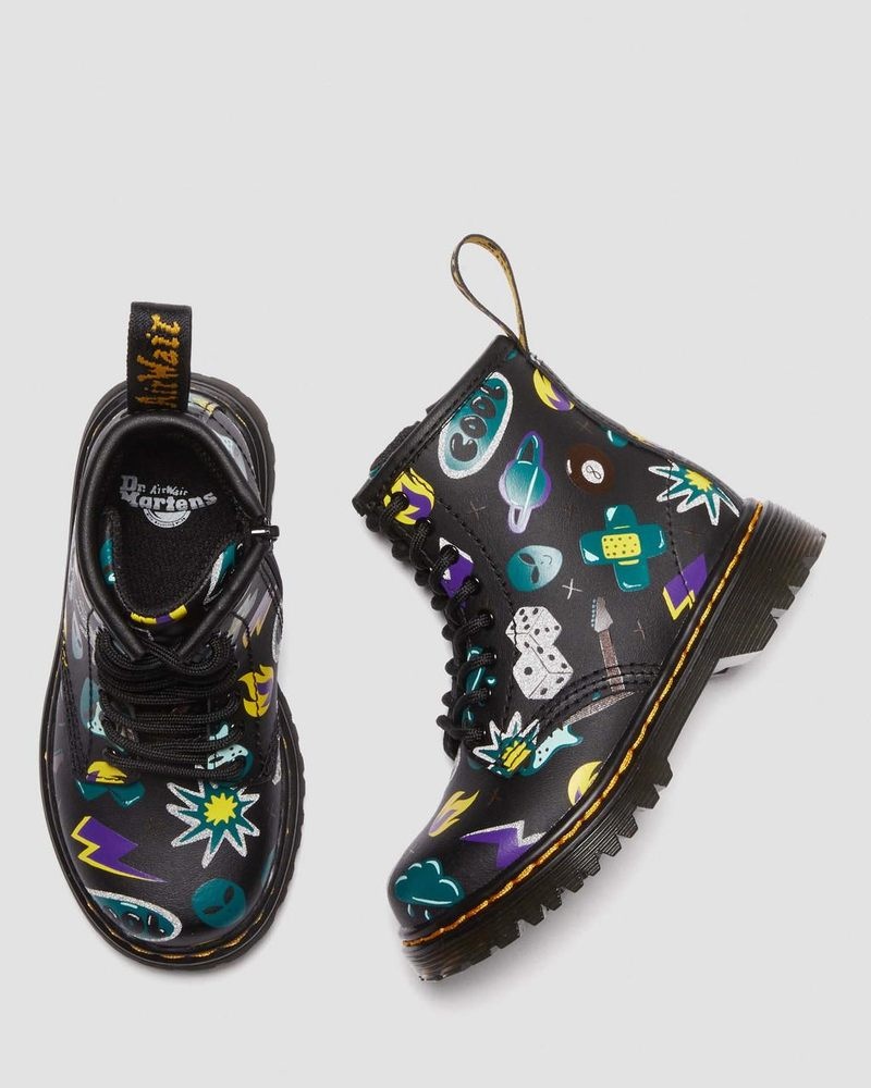 Botas Dr Martens Toddler 1460 Sticker Print Cuero Encaje Up Boots (Sticker Print Hydro) Negras | QN69-E1ZU