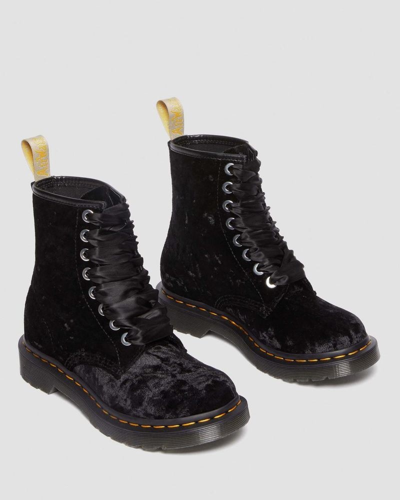 Botas Dr Martens Vegan 1460 - Crushed Velvet Encaje Up Boots (Crushed Velvet) Negras | WG49-V5BD