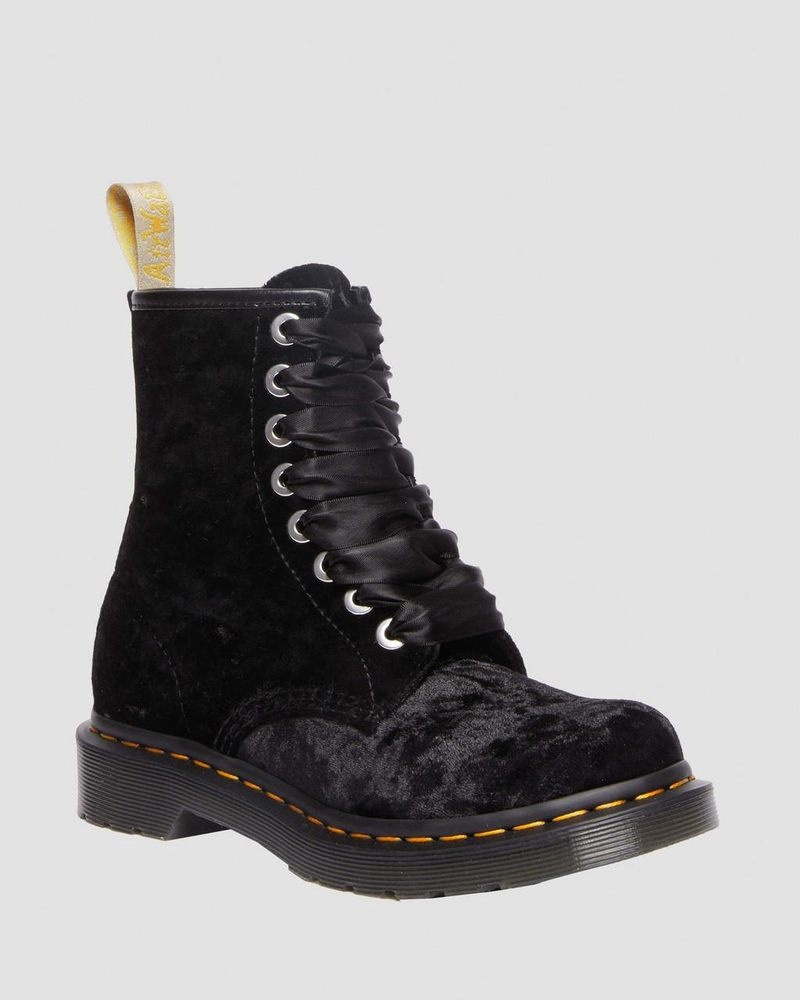 Botas Dr Martens Vegan 1460 - Crushed Velvet Encaje Up Boots (Crushed Velvet) Negras | WG49-V5BD