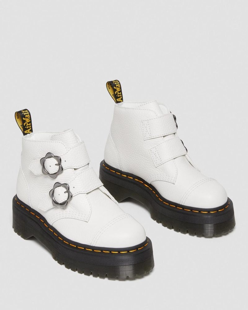 Botas de Plataforma Dr Martens Devon Flower Hebilla Cuero Plataforma Boots (Milled Nappa) Blancas | IU40-J8SZ