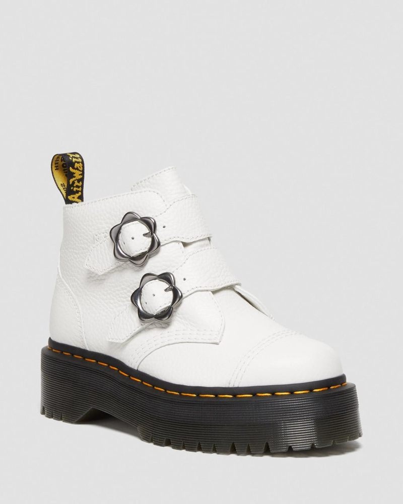 Botas de Plataforma Dr Martens Devon Flower Hebilla Cuero Plataforma Boots (Milled Nappa) Blancas | IU40-J8SZ