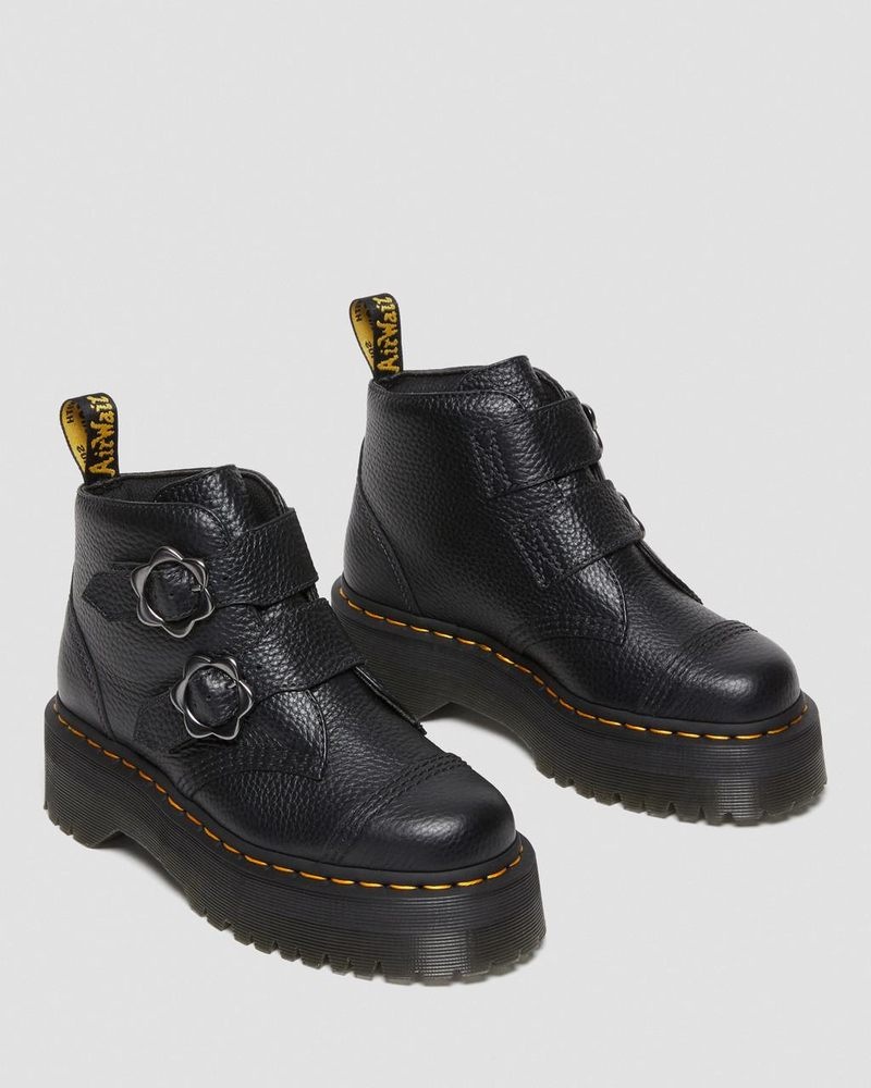 Botas de Plataforma Dr Martens Devon Flower Hebilla Cuero Plataforma Boots (Milled Nappa) Negras | AN19-U0UK