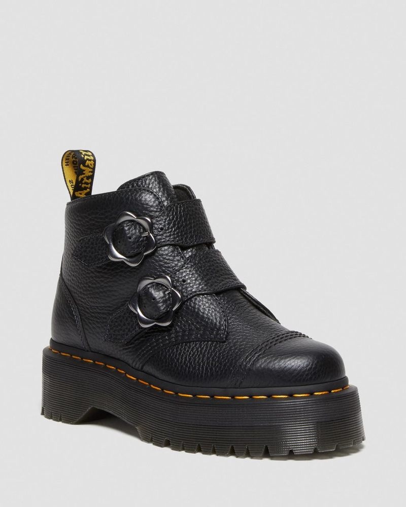 Botas de Plataforma Dr Martens Devon Flower Hebilla Cuero Plataforma Boots (Milled Nappa) Negras | AN19-U0UK