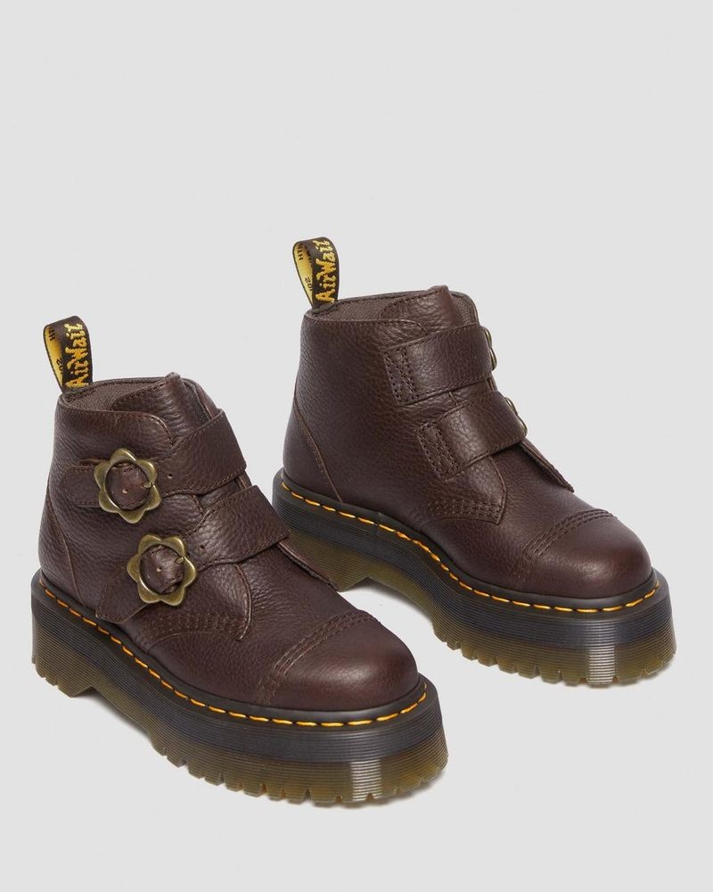 Botas de Plataforma Dr Martens Devon Flower Hebilla Grizzly Cuero Plataforma Boots (Grizzly) Marrones Oscuro | XK50-T6XX