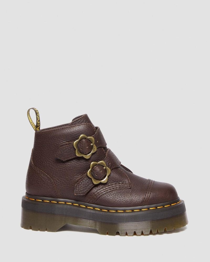 Botas de Plataforma Dr Martens Devon Flower Hebilla Grizzly Cuero Plataforma Boots (Grizzly) Marrones Oscuro | XK50-T6XX