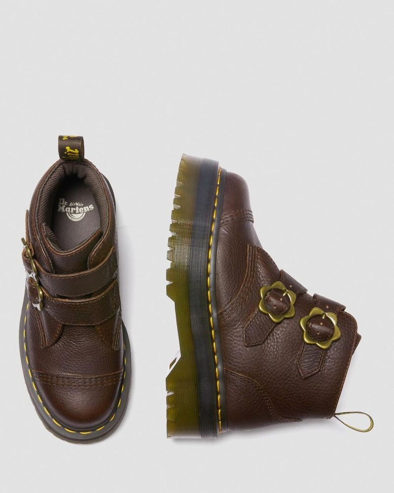 Botas de Plataforma Dr Martens Devon Flower Hebilla Grizzly Cuero Plataforma Boots (Grizzly) Marrones Oscuro | XK50-T6XX