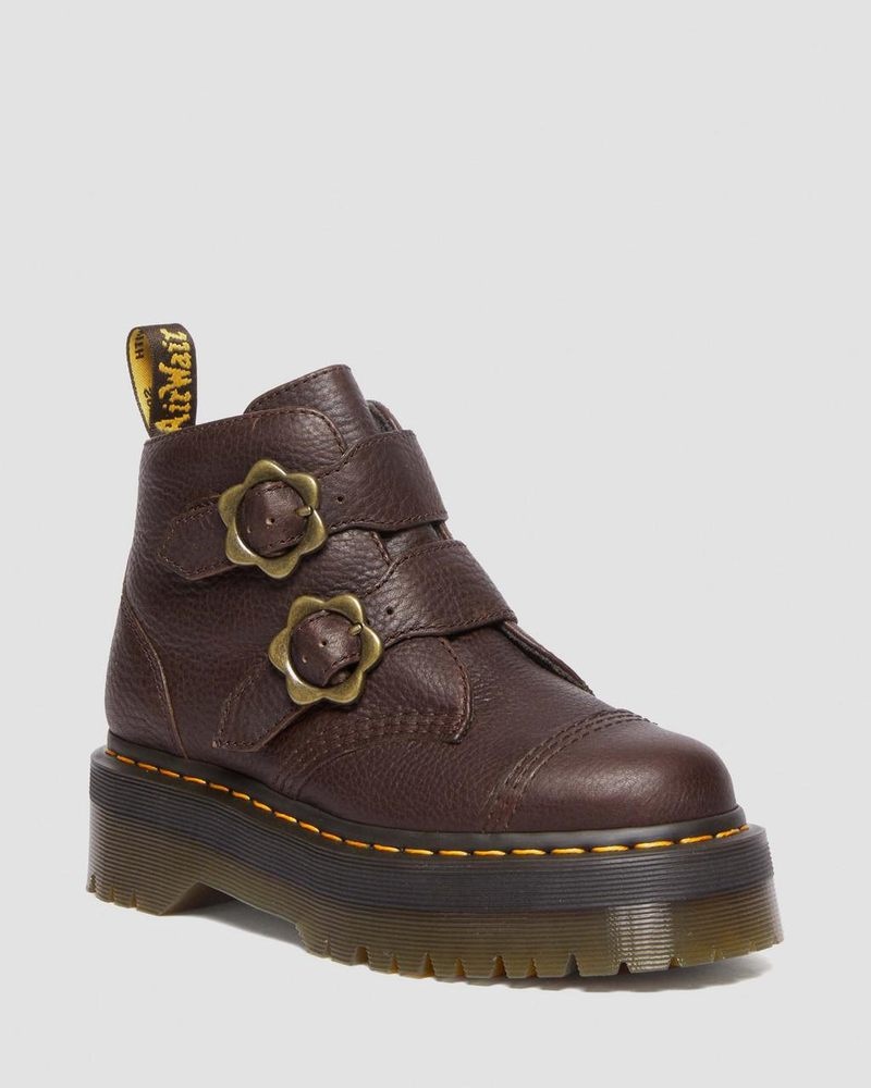 Botas de Plataforma Dr Martens Devon Flower Hebilla Grizzly Cuero Plataforma Boots (Grizzly) Marrones Oscuro | XK50-T6XX