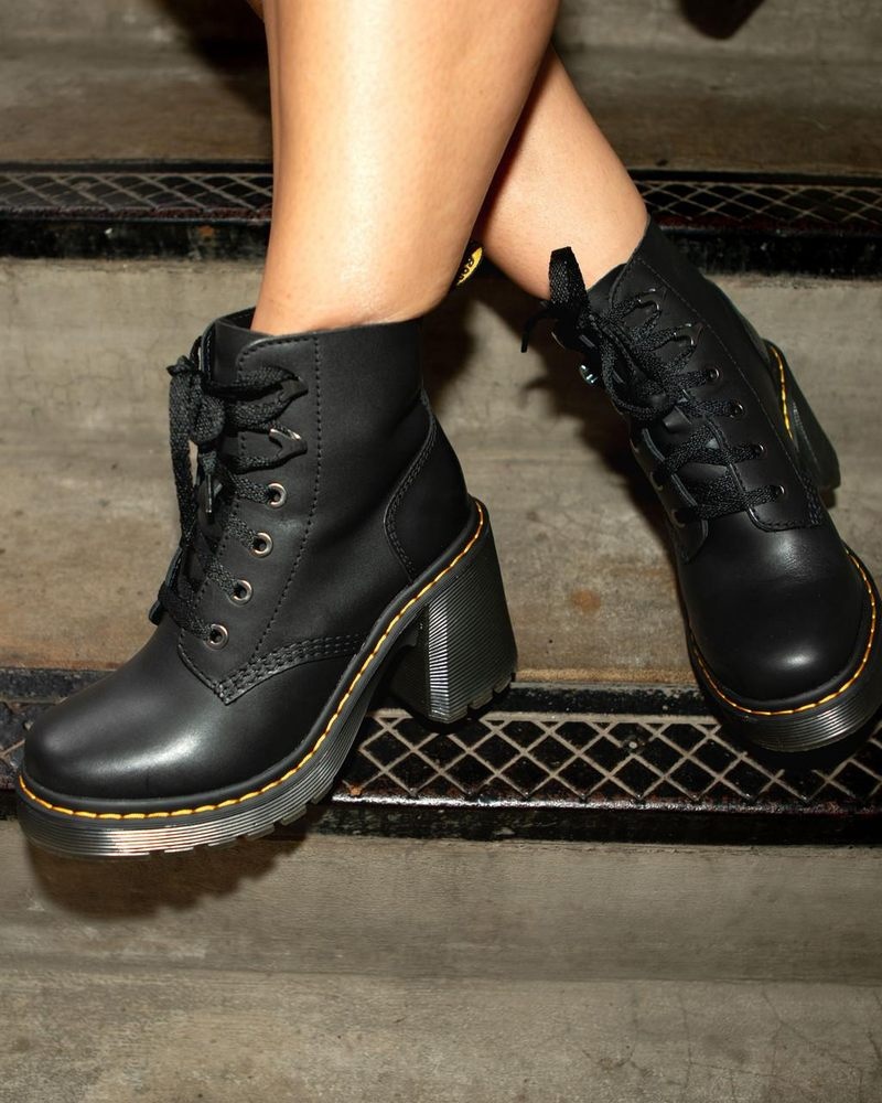 Botas de Plataforma Dr Martens Jesy Sendal Cuero Encaje Up Flared Heel Boots (Sendal) Negras | VQ17-X0AZ