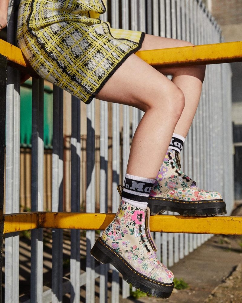 Botas de Plataforma Dr Martens Sinclair Floral Mash Up Cuero Plataforma Boots (Backhand) Beige | FV56-G4KN