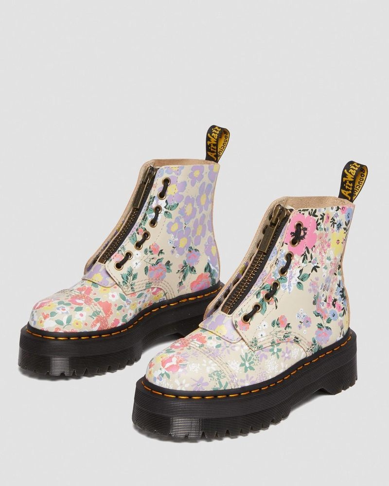 Botas de Plataforma Dr Martens Sinclair Floral Mash Up Cuero Plataforma Boots (Backhand) Beige | FV56-G4KN