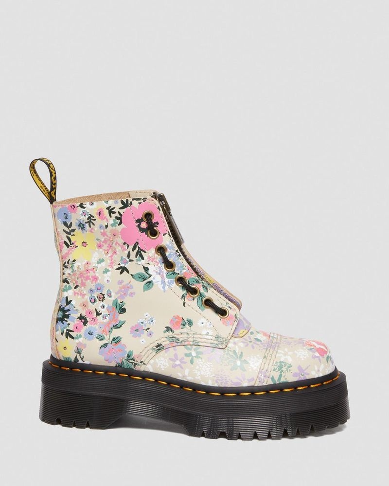 Botas de Plataforma Dr Martens Sinclair Floral Mash Up Cuero Plataforma Boots (Backhand) Beige | FV56-G4KN