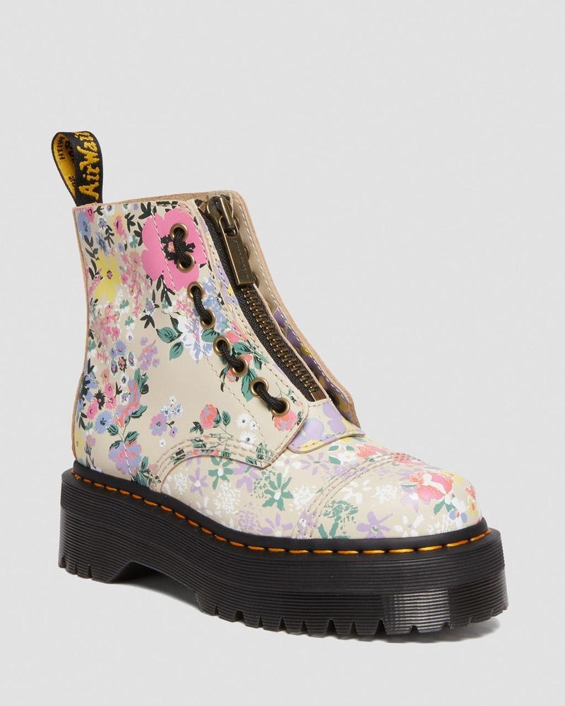 Botas de Plataforma Dr Martens Sinclair Floral Mash Up Cuero Plataforma Boots (Backhand) Beige | FV56-G4KN