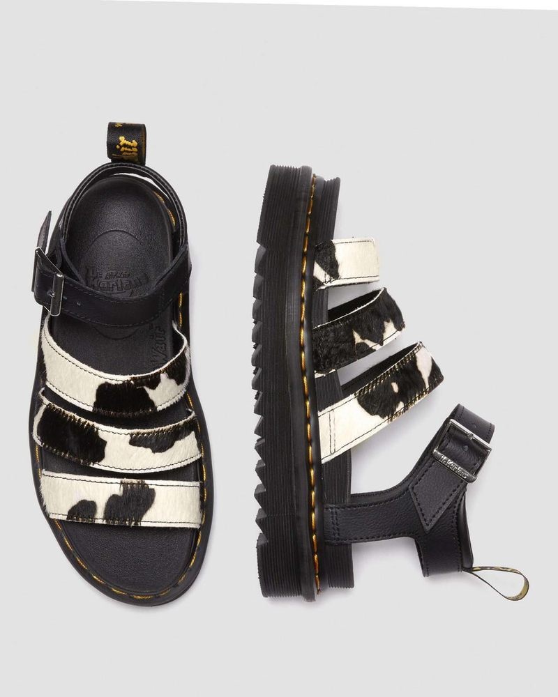 Sandalias de Plataforma Dr Martens Blaire Hair-On Cow Print Correa Sandals Negras | MV69-Y1LM